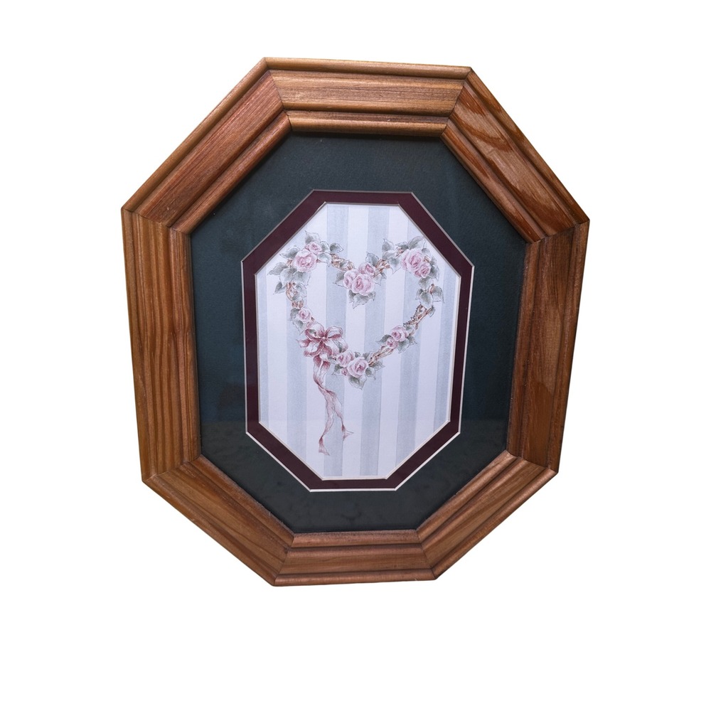Vintage Octagonal Wood Jewelry Box Floral Heart Shadow Box Glass Top Organizer